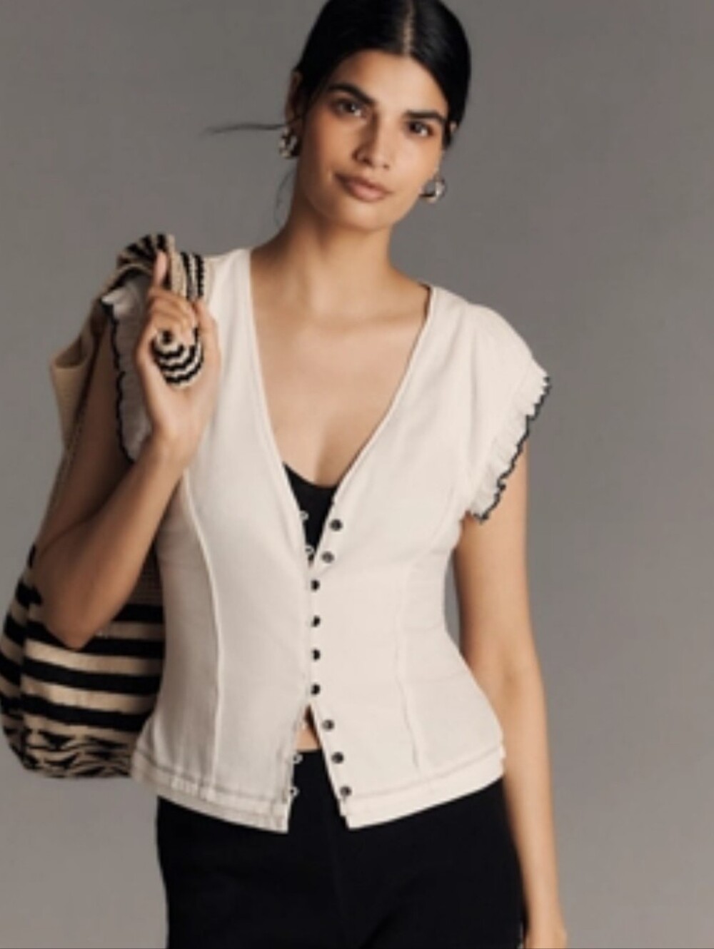 NWT Maeve White V-Neck Button Front Top with Navy Trim